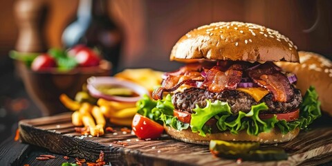 Wall Mural - Angus beef cheeseburger with crispy bacon accompanied by a side of Greek salad