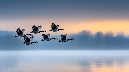 Wall Mural - semi close-up of a group of duck silhouettes flying in formation over a tranquil lake at dusk, soft light and subtle colors in the sky, focus on the graceful flight and synchronized movement,