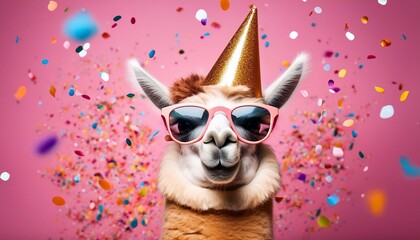 An alpaca or llama smiling in a party hat and sunglasses with celebration confetti flying everywhere; pink background; selective focus; 