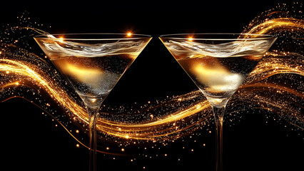 Elegant martini glasses with golden shimmering background, perfect for celebrating New Year's Eve, weddings, or upscale events. Design for Wall Art, Poster Print, Wallpaper & Background