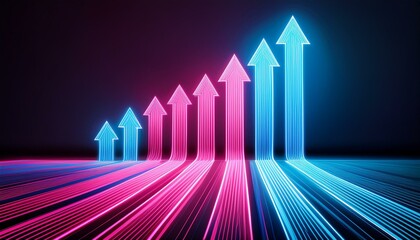 Wall Mural - Multiple upward arrows in neon color glowing against a dark background; an arrow graph indicating growth and upward mobility in pink magenta and blue teal colors; graph and charts; 3D art illustration