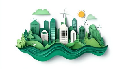 Eco-friendly cityscape with green buildings, wind turbines, trees, and a sunny sky, representing sustainability and environmental protection.