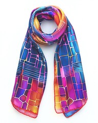 Vibrant silk scarf featuring a colorful geometric pattern, perfect for adding a stylish touch to any outfit or accessorizing.