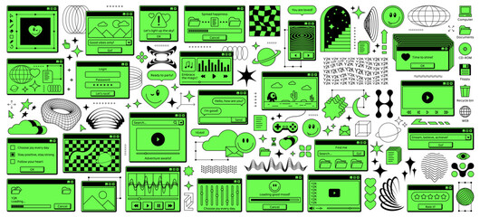 Poster - Y2k retro window rave sticker. Vector browser, old page with playful nostalgic icons on green toxic desktop screen. Stars, gamepad, smile emoji, player or surreal menu elements in funky vintage style