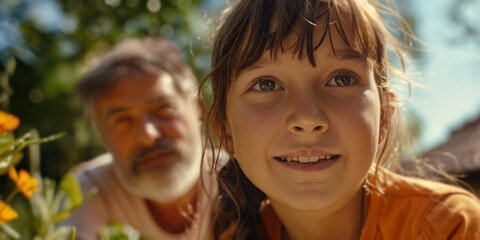 girl child playing in the garden and learning how to explore nature with her grandpa, grandfatherr, 