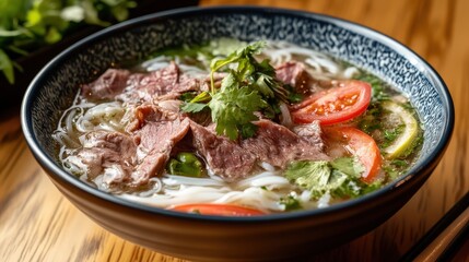 Wall Mural - Savory Pho Bowl: Authentic Vietnamese Dish with Clear Broth, Rice Noodles, Herbs, and Beef Slices