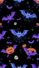 Cute Halloween seamless pattern with violet and blue cartoon bats, spiderwebs, ribbons, pumpkins and eyeballs on dark black background isolated with white highlights, png