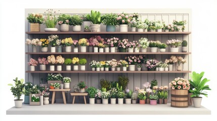 A 3D illustration of a flower shop interior with wooden shelves and potted plants, isolated on white background