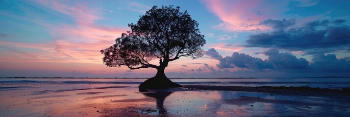 Canvas Print - Pastel Colored Sky with Tree Silhouette on Shoreline