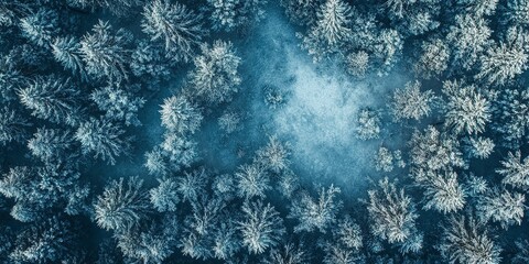 Wall Mural - Drone view of forest in winter time. Winter top background 