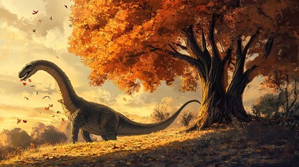 Wall Mural - A Long-Necked Dinosaur Amidst Autumnal Foliage