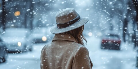 Poster - A woman wears a hat and coat in snowy conditions, suitable for winter scenes or cold weather themes