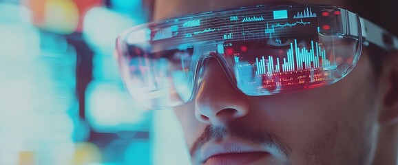 Close-up of a man wearing futuristic glasses displaying data and graphs.