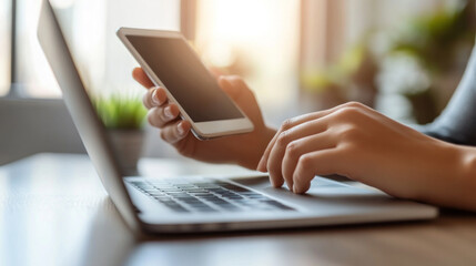 Poster - A woman is using a laptop and a cell phone. She is typing on the laptop and holding the cell phone in her hand. Concept of multitasking and productivity