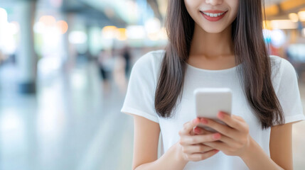 A woman is smiling and holding a cell phone. She is in a public place, possibly a mall or a busy street. Concept of modern technology and the ubiquitous presence of smartphones in our daily lives