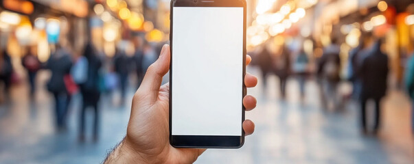Poster - A person is holding a cell phone with a white screen. The image captures a busy city street with many people walking around. Concept of urban life