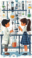Poster - Two children are in a lab, one is wearing a lab coat and the other is wearing a skirt