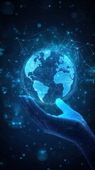 Poster - A hand is holding a blue globe. Concept of wonder and curiosity about the world