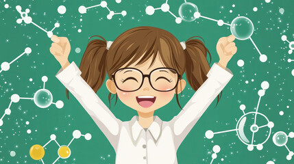 Poster - A girl is smiling and holding her hands up in the air. She is surrounded by many different shapes and symbols, including a star and a circle. Concept of excitement and joy