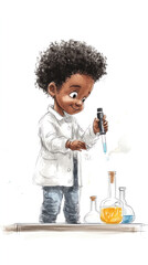 Poster - A young boy in a lab coat is holding a test tube and looking at a blue liquid. The scene is playful and lighthearted, with the boy's smile and the colorful liquids in the test tubes