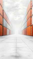 Poster - A long empty warehouse with a white sky in the background. The warehouse is filled with red and white containers