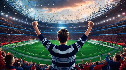 A football fan with raised arms celebrating a victory among a jubilant crowd in a modern stadium, highlighting the exhilaration, camaraderie, and passion of sports spectators (9)