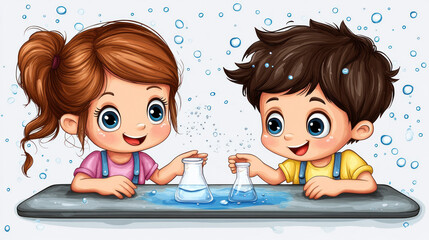 Poster - Two children are playing with a chemistry set. One of the children is holding a beaker and the other is holding a test tube. They are smiling and seem to be enjoying themselves