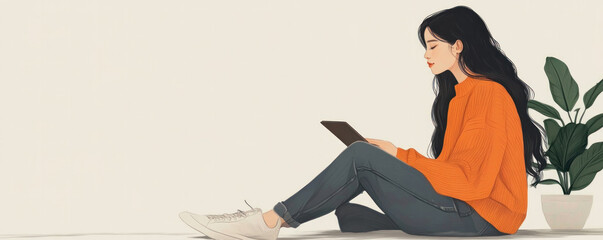 Poster - A woman is sitting on the floor with a tablet in her lap. She is wearing an orange sweater and jeans