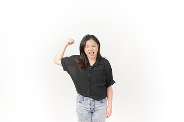 Wall Mural - Young Asian woman mad and angry gesture wearing Black t-shirt and jeans isolated on white background