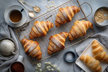 Freshly baked croissants on a cooling rack with a cup of coffee