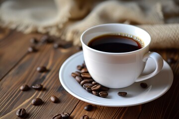 Coffee cup and coffee beans on wooden table