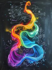 Poster - A vibrant display of colorful chalk waves intertwines with scientific formulas and diagrams on a chalkboard during an engaging learning activity. Generative AI