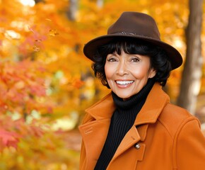 A joyful lady in a brown hat smiles amidst vibrant fall foliage during a sunny autumn day