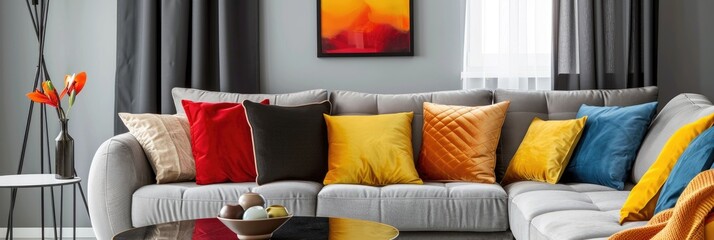 Poster - elegant grey living room featuring colorful accessories and cushions