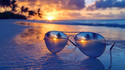 Tropical Sunset Reflections in Sunglasses on a Serene Beach