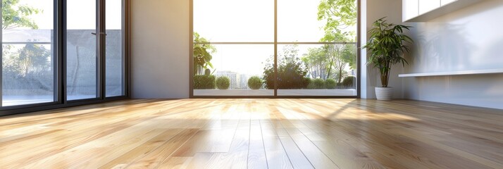 Wall Mural - Spacious living room featuring wooden floors and a large sliding glass door that leads to a balcony in an apartment.