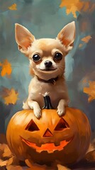 Wall Mural - Cute and Comical Chihuahua Dressed in Halloween Costume Surrounded by Spooky Pumpkins and Bats for Festive Holiday