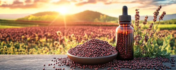 Wall Mural - A bottle of lavender oil sits on a table next to a bowl of lavender seeds. The scene is set in a field with a beautiful sunset in the background