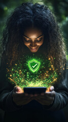 Poster - A woman is holding a cell phone with a green shield on it. Concept of security and happiness