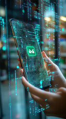 Poster - A person is holding a cell phone with a green square on it. The phone is surrounded by a blue background with a lot of lines and dots. Concept of technology and modernity