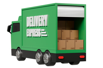 Poster - 3D Green Truck delivery express back door open with parcel box delivery icon on isolated purple background. Online shopping or E-commerce concept. Minimal Cartoon Van truck logistic icon. 3d render.