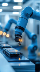 Poster - A robot is working on a piece of electronic equipment. The robot is blue and has a yellow light on its head. The scene is set in a factory or workshop