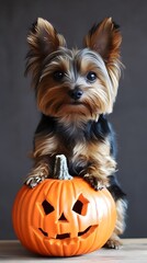 Wall Mural - Adorable Yorkshire Terrier puppy wearing a spooky Halloween costume sitting on a pumpkin against a dark blurred background  The tiny dog has a cute playful expression