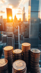 Poster - A stack of coins is on top of another stack of coins. The coins are gold and appear to be from a foreign country. The image has a warm, inviting mood