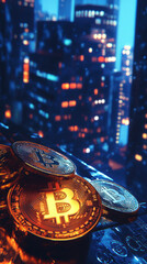 Poster - A stack of coins with the letter B on them. The coins are on a ledge in a city