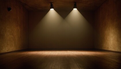 Wall Mural - The room is dark with a wooden floor wall, illuminated by spotlights in a modern and minimalistic style2