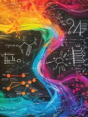 Poster - A chalkboard displays colorful waves of chalk strokes blended with scientific diagrams and formulas, celebrating creativity in education and science. Generative AI