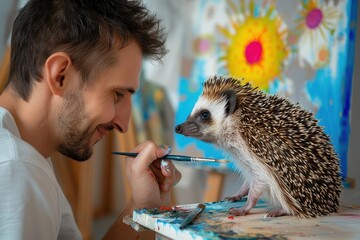 Wall Mural - Creative Canvas: Man and Hedgehog Collaborate on Art