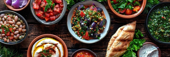 Wall Mural - Appetizer Assortment of Classic Mediterranean Dishes Grilled Eggplant Salad Traditional Salad Baba Ghanoush Spicy Harissa and Purslane Salad