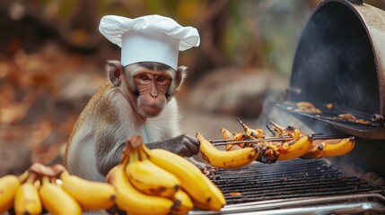 Wall Mural - Monkey Chef Grills Bananas on BBQ